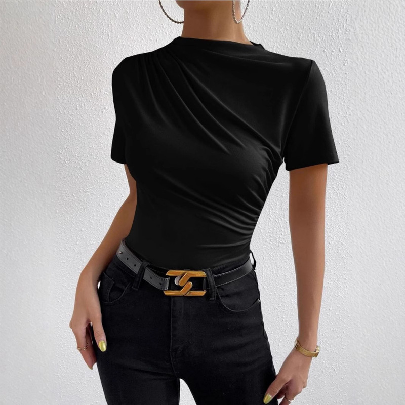 Short-sleeved T-shirt European and American Cross-border Short-sleeved French Temperament Slimming Women's Casual Pleated Round Neck T-shirt Short-sleeved T-shirt European and American Cross-border Short-sleeved French Temperament Slimming Women's Casual Pleated Round Neck T-shirt