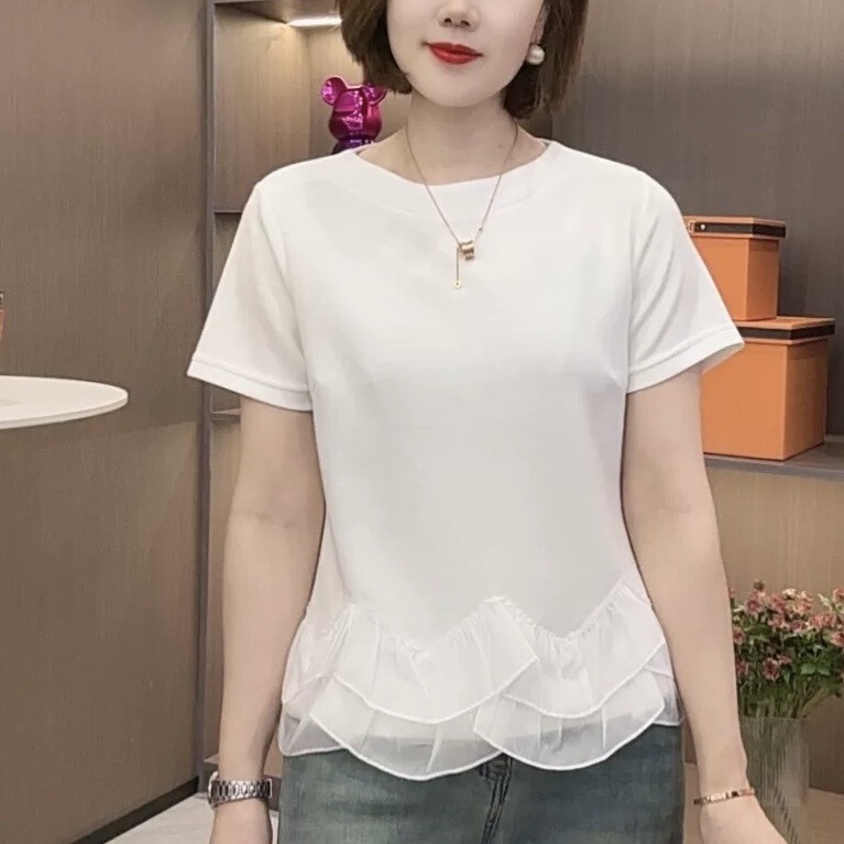 40 pts Threaded Cotton Lace Ruffled Hem T-shirt Women's Summer Slimming plus size Chic Western Style All-match Top