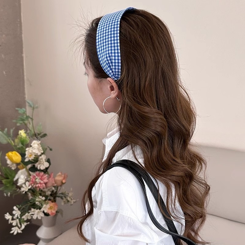 Blue and white plaid fabric wide-brimmed headband