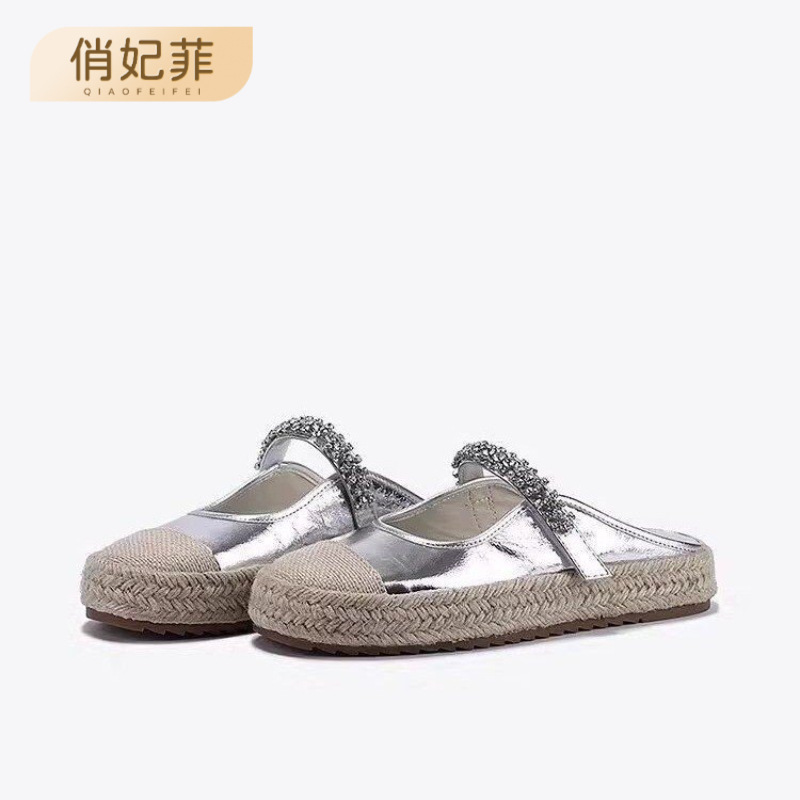Qiao Fei Fei ~ 2024 Summer New Hemp Rope Woven Half Pack Slippers Women's Silver Mary Jane Shoes Lightweight Sneakers for Women