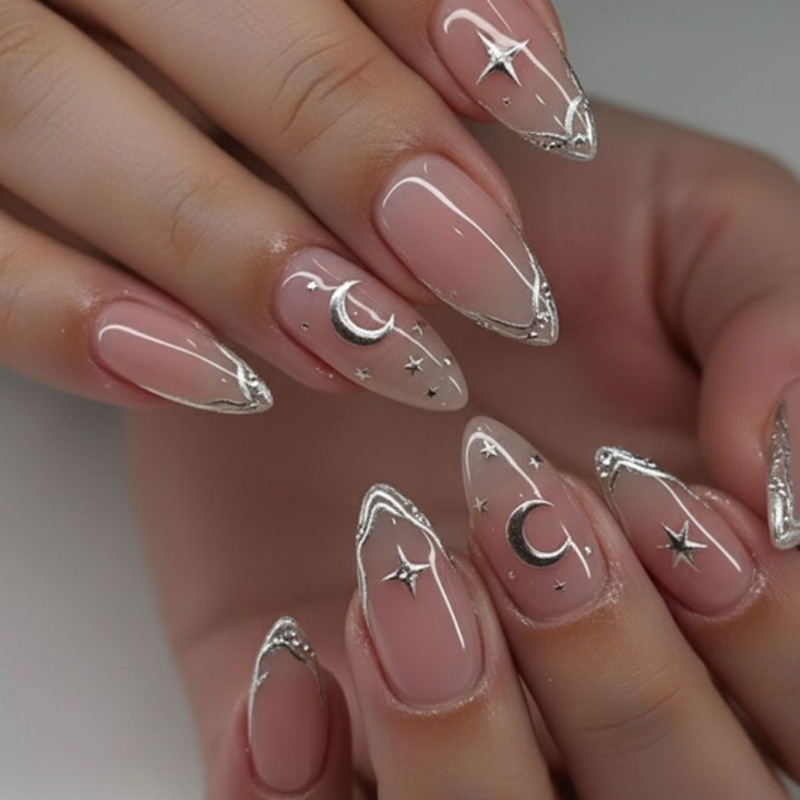 New 3D Three-Dimensional Silver Star and Moon Style Cross-Border Hot-Selling Wearable Nails, French Short Almond Nails, Nail Tips Wholesale New 3D Three-Dimensional Silver Star and Moon Style Cross-Border Hot-Selling Wearable Nails, French Short Almond Nails, Nail Tips Wholesale