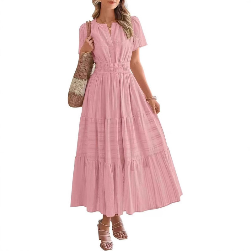 2025 Spring and Summer Cross-border European and American Women's New Fashion V-Neck Pleated Bubble Sleeve Layered-Big Pendulum dress Women