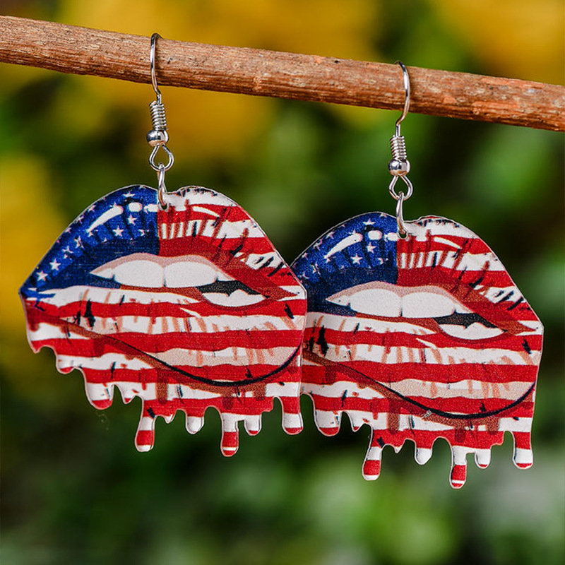Lip Shaped Pu Leather American National Flag Printing Earrings display picture 2