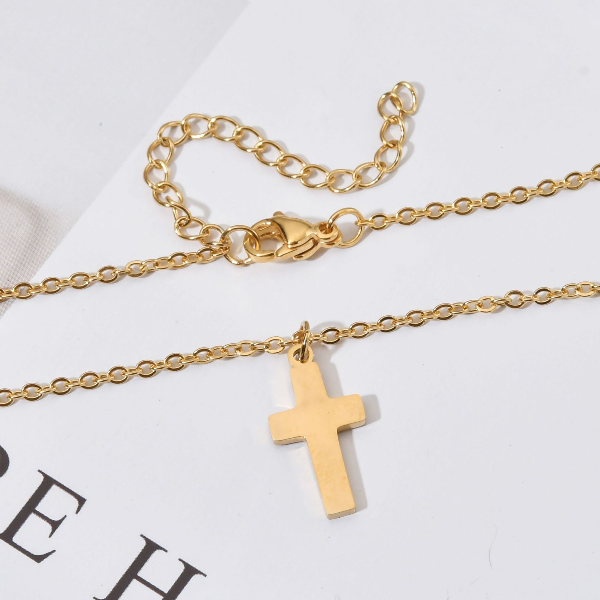 Fashion Cross Stainless Steel Gold Plated Pendant Necklace