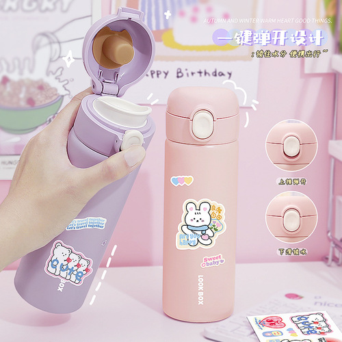 High-quality cartoon sticker pop-top direct drinking stainless steel insulated cup for students, portable pop-up jumping cup