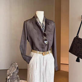 封神穿搭!气质老钱风深咖色翻领单排扣亚麻衬衫女夏季防晒空调衫