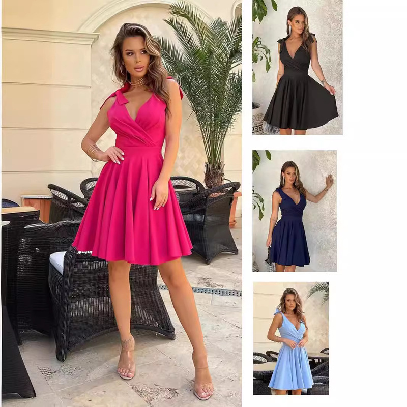 European and American Clothing Export Women's Clothing European and American Cross-Border Amazon Summer Pure Color V Neck High-Waisted Dress European and American Clothing Export Women's Clothing European and American Cross-Border Amazon Summer Pure Color V Neck High-Waisted Dress