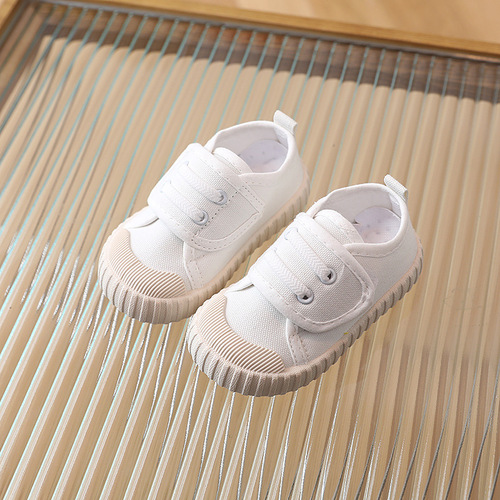Children's Casual Canvas Soft Sole Sneakers Low Top Spring and Autumn Magic Tape White Shoes for Boys and Girls Single Shoes Learning to Walk Shoes