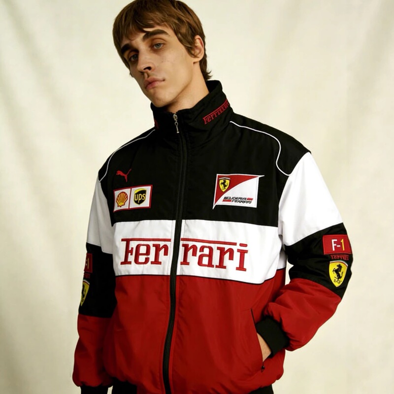 In Stock - F1 Ferrari Embroidered Racing Jacket, Cross-Border Vintage European and American Motorcycle Riding Jacket, Casual Jacket, Wear-Resistant