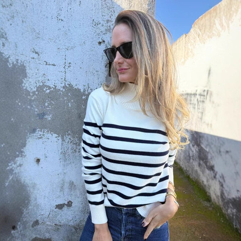 Striped Turtleneck Buttons Women's Knitted Sweater Top