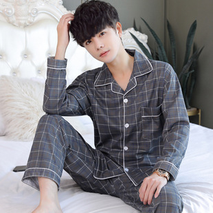 Pajamas Men's Spring and Autumn Long-sleeved Two-piece Set Imitation Cotton Young and Middle-aged Dad's plus size Men's Home Clothes Loose Outer Wear