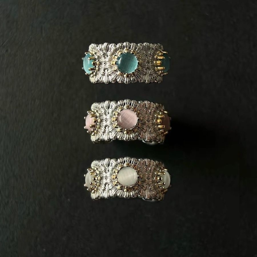 Italian Designer Luxury Daisy Ring with Colored Gemstones, Vintage Design, Brushed Flower Ring for Women