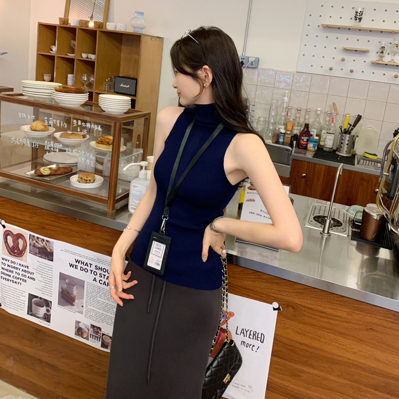 Real Shot Design High-Neck Wool Knit Vest for Women 2025 Summer New Slim-Fit Innerwear Stunning Top