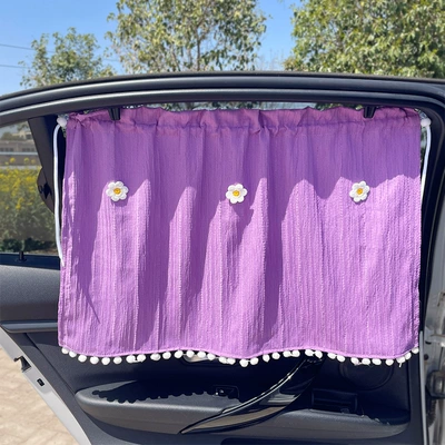Car curtains — Car Window Sunshade Curtain, Sun Protection - purple-three-little-flowers-car-curtain-1-piece-free-suction-cup-rope