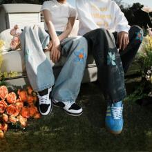 花朵刺绣牛仔裤男直筒宽松显瘦阔腿美式高街裤子潮牌痞帅复古长裤