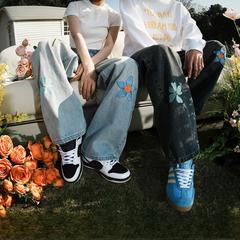 花朵刺绣牛仔裤男直筒宽松显瘦阔腿美式高街裤子潮牌痞帅复古长裤
