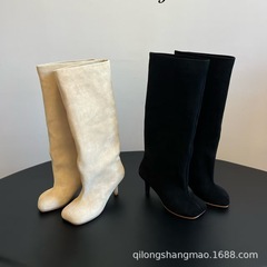 高端小众2025秋冬真皮圆头细跟高跟高筒骑士靴裤管靴不过膝长靴女