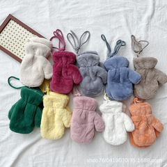 Korean style lotus leaf mouth solid color children's plush mittens winter men and women baby thick velvet warm and cold-proof gloves