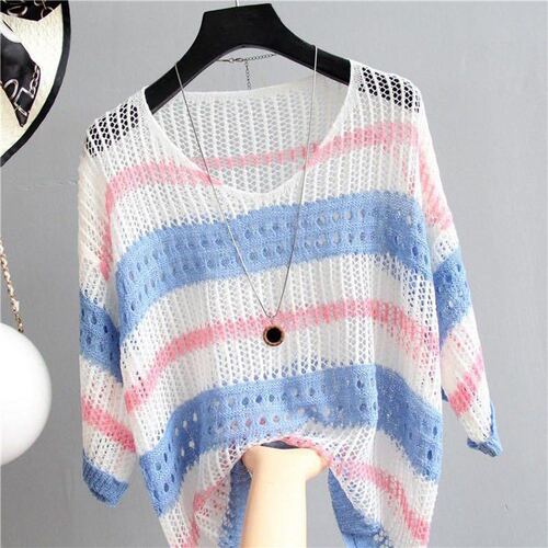 Striped 2024 New Knit Shirt Loose Retro Style Hooded Chic Sweatshirt Sun Protection Top Base Shirt Air Conditioning Shirt for Women