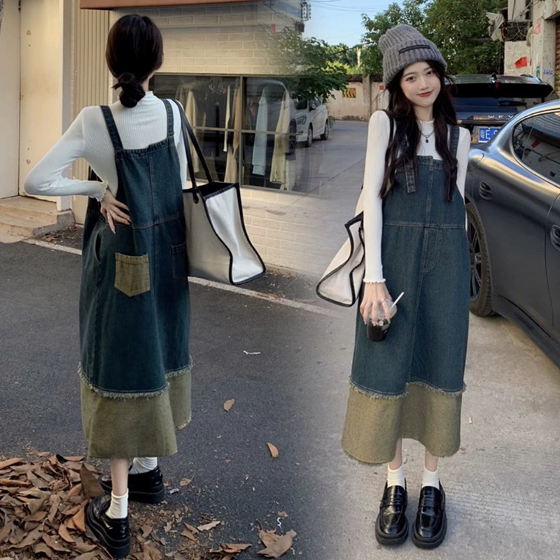 Джинсовая юбка на бретельках для беременных, Новинка осени, юбка средней длины + белая Базовая рубашка, свитер, костюм из двух частей