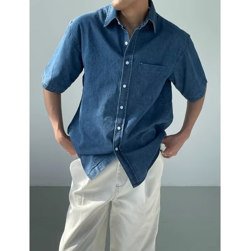 Denim Short-sleeved Shirt Men's Summer Korean-style Loose All-match Retro Washed Lapel Thin Half-sleeved Shirt Jacket Trendy