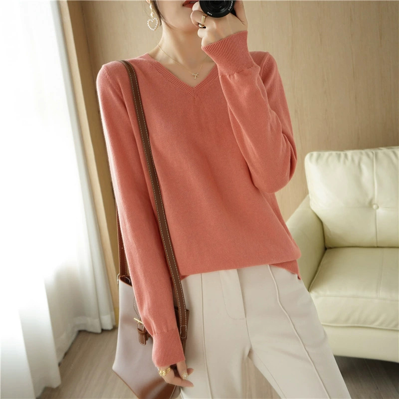 23 осенне-зимний новый женский хлопчатобумажный набор маленький V-образный вырез базовый свитер свободный тонкий с длинными рукавами трикотаж для волос