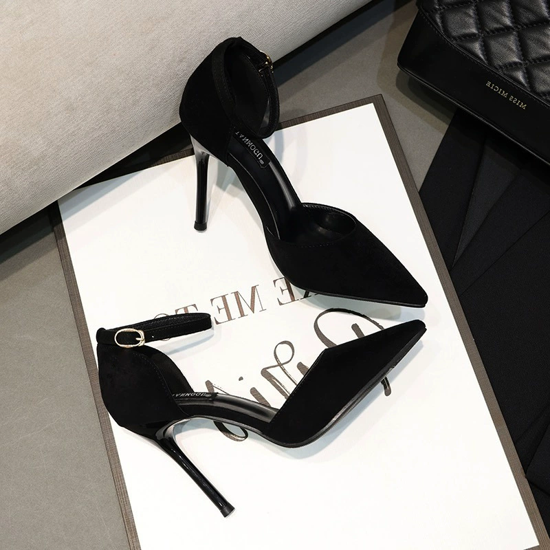 Замша 2023 Весна Новые черные остроконечные полые сексуальные туфли на высоком каблуке женские однослойные туфли на шнуровке тонкий каблук для женщин