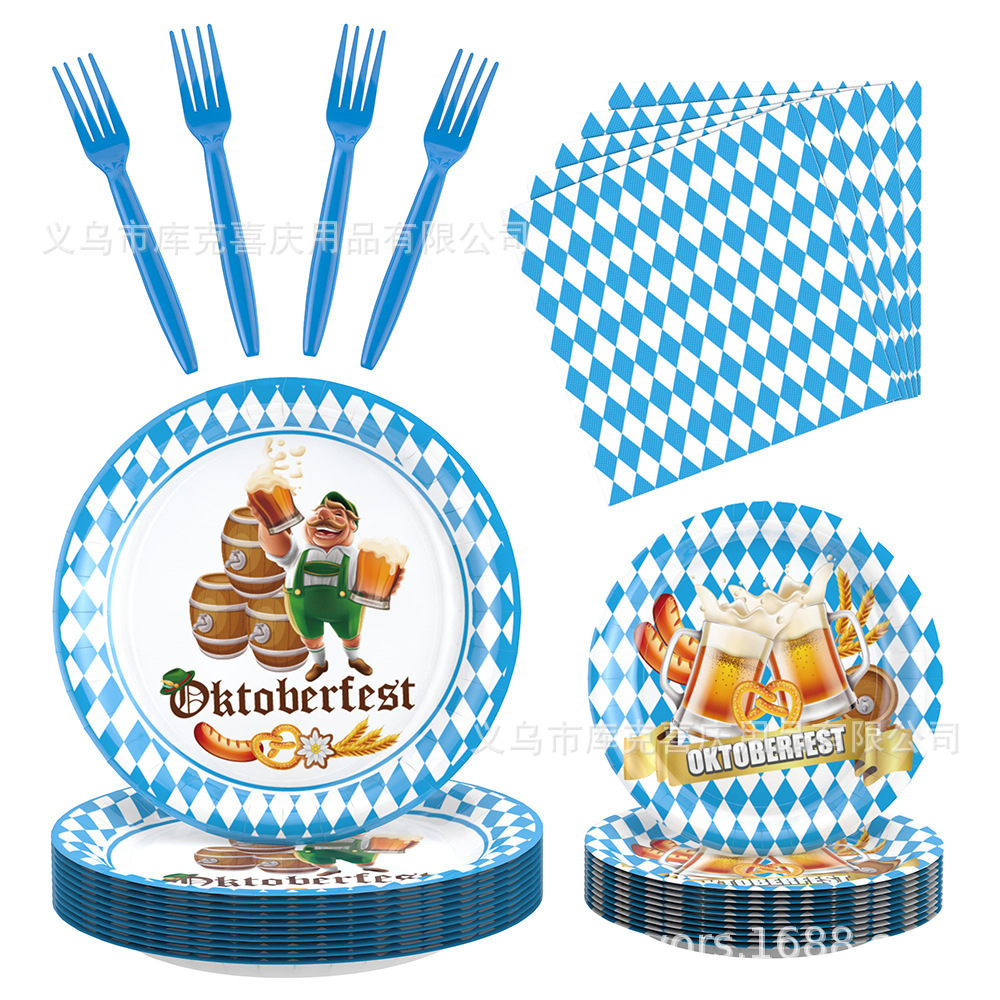 Nuevo Alemania Oktoberfest Party Decoración azul y blanco bandeja de papel desechable tazas de papel toallas de papel set de cubiertos