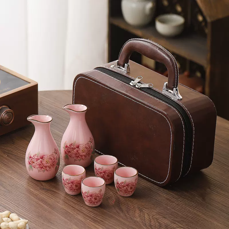 6头粉汝窑酒具皮盒陶瓷白酒杯家用分酒器烫温青瓷酒壶礼盒套装
