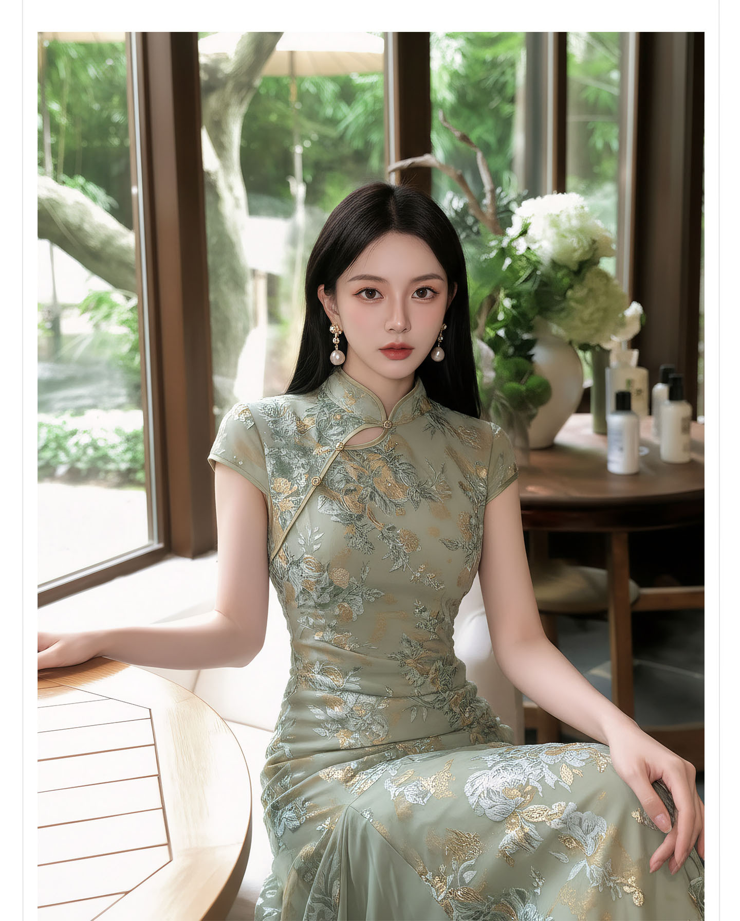 Đầm maxi nữ cổ đứng ren hoa thêu tay dài — Xanh lá cây nhạtcolor chi tiết 3
