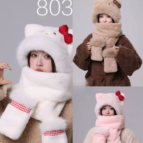 Internet Celebrity Kt Cat Hat, Scarf and Gloves All-In-One Three-Piece Set Cartoon Hello Kitty Plush Warm and Thickeneded Scarf Hooded