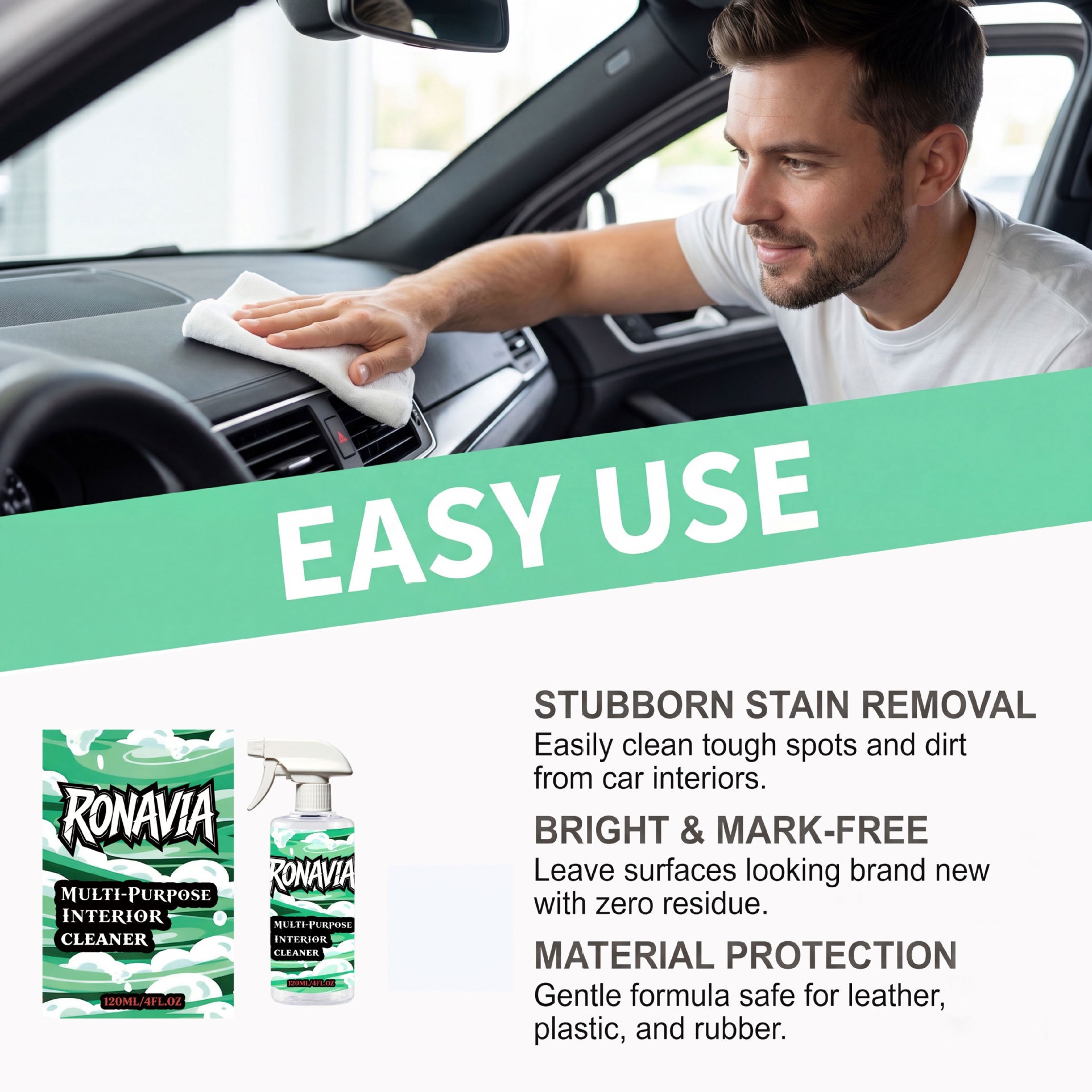 RONAVIA Car Interior Cleaner - Gentle formula suitable for multi-material car interior cleaning and maintenance, providing long-lasting shine