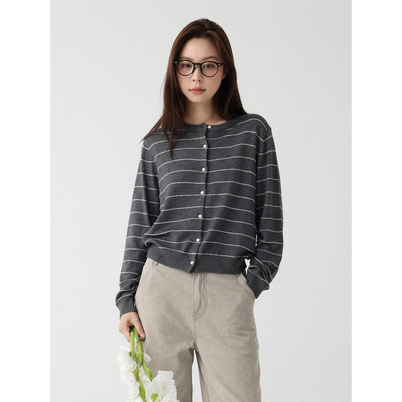 [Melody Texture] Contains 5.5% Wool Round Neck Long-Sleeved Knitted Cardigan Horizontal Stripesd Knitted Jacket for Women Early Autumn