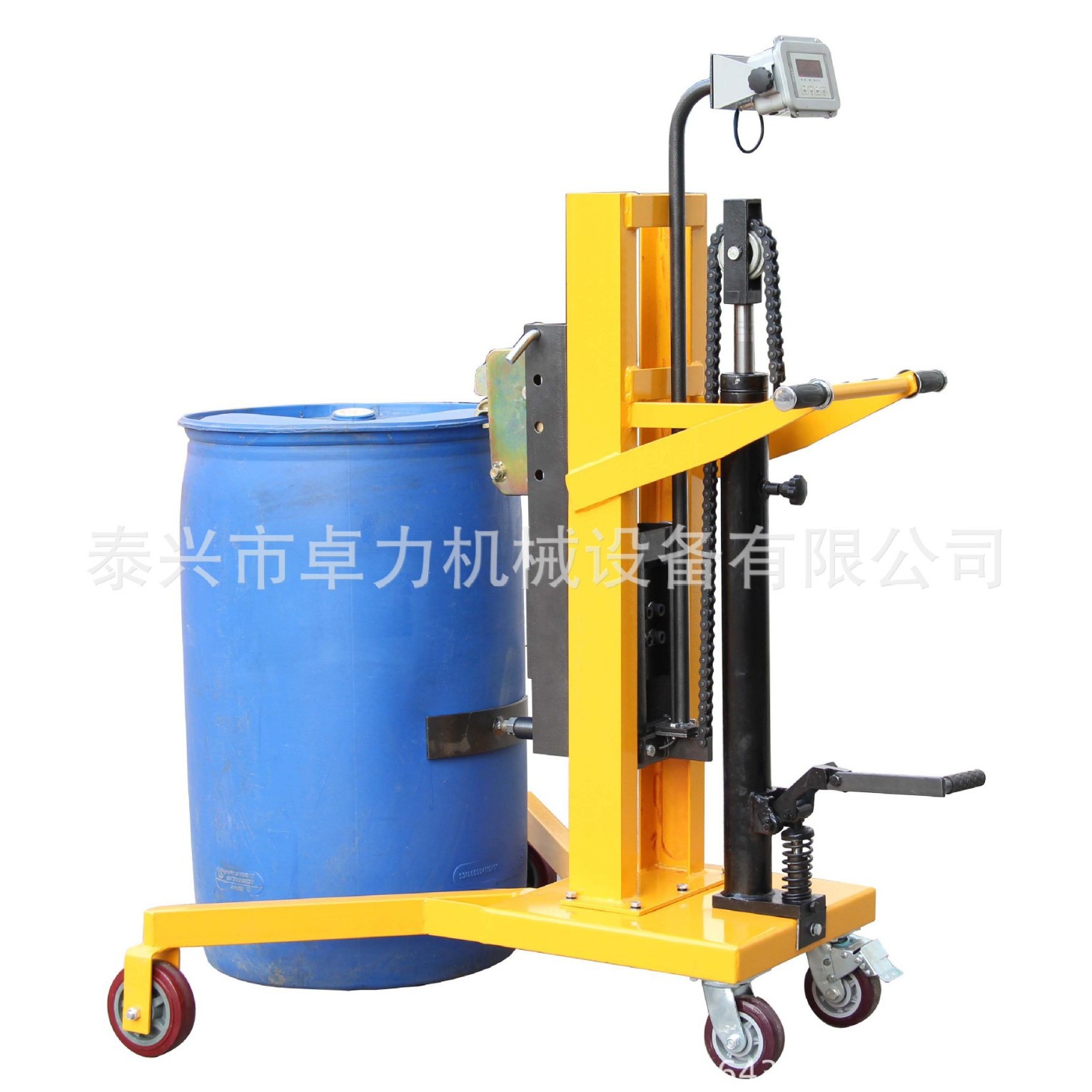 天津称重式脚踏液压油桶车，油桶搬运车