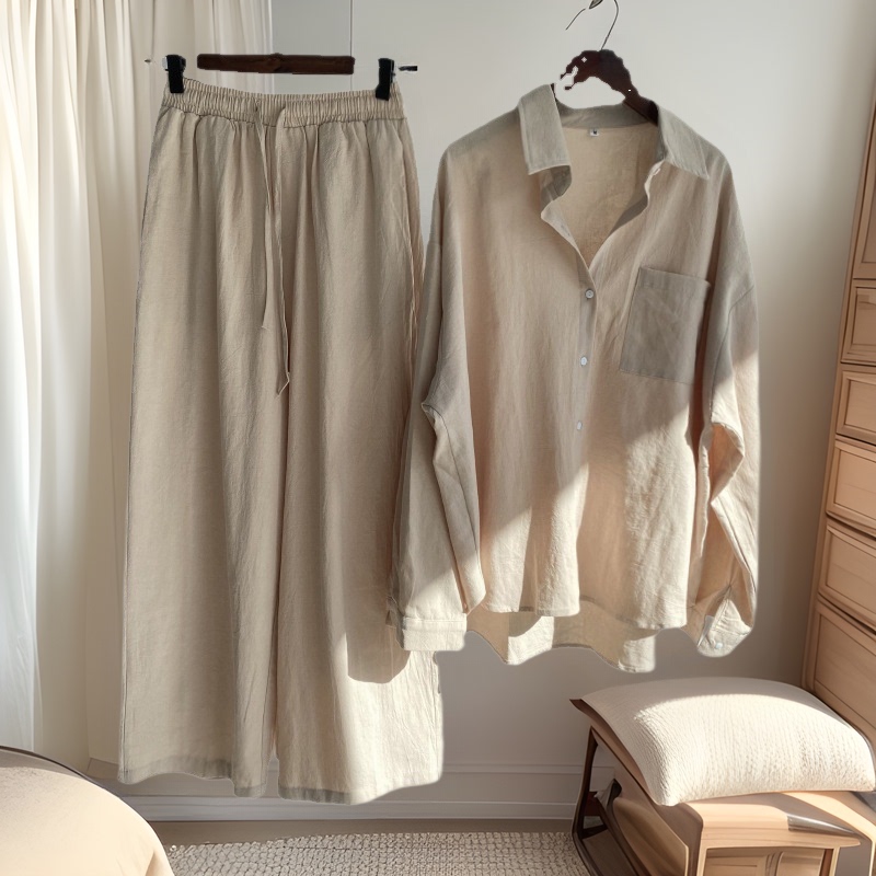2025 Spring and Summer Cross-Border Imitation Linen Retro Large Size Two-Piece Set Women's Loose Trousers Shirt Suit Women's Foreign Trade Wholesale