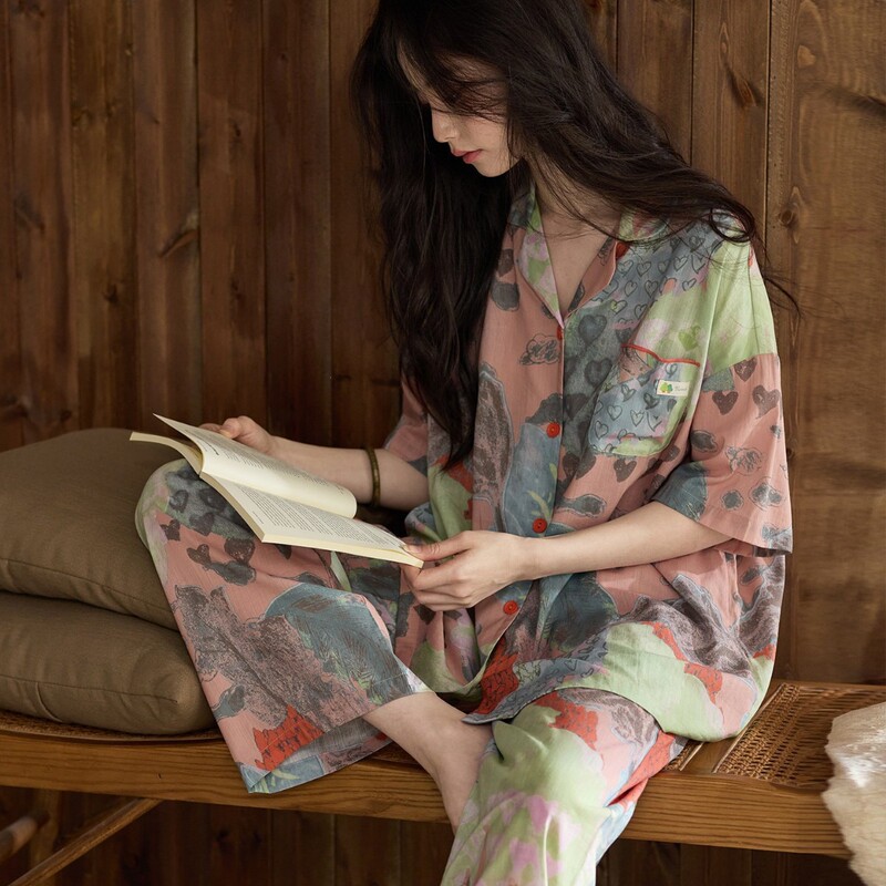 Woven Cotton Gauze Pajamas for Women, Summer Thin Cotton Silk Short-Sleeved Trousers, Casual Resort Style, Relaxed Home Wear Woven Cotton Gauze Pajamas for Women, Summer Thin Cotton Silk Short-Sleeved Trousers, Casual Resort Style, Relaxed Home Wear