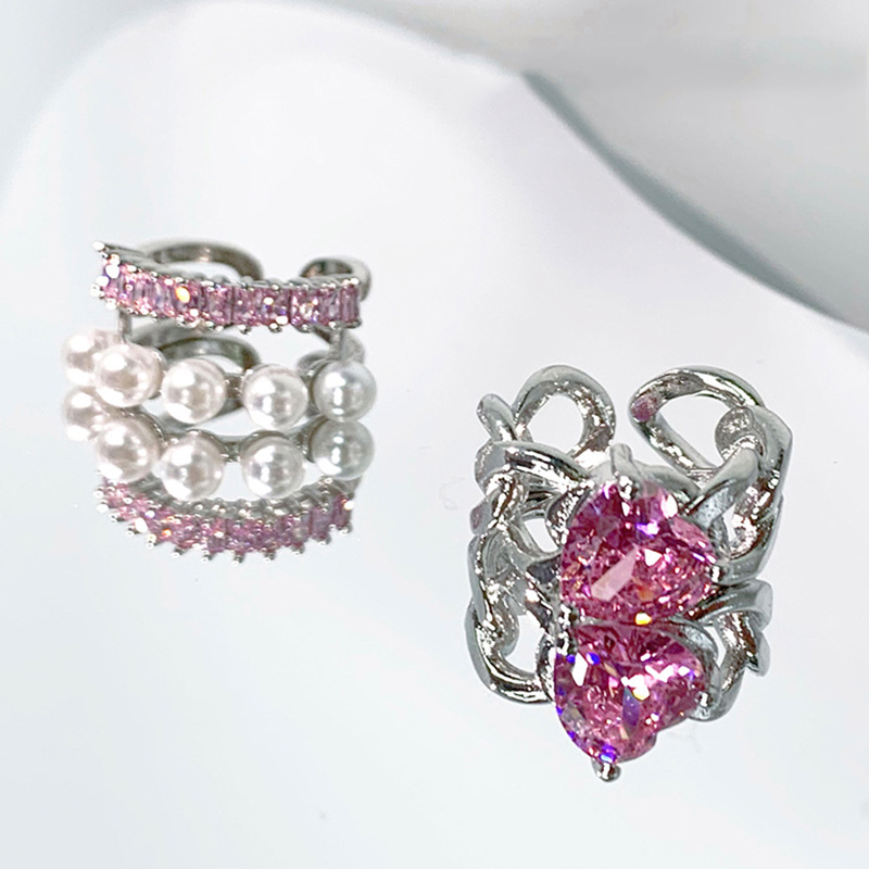 Fashion Heart Shape Copper Inlay Artificial Pearls Zircon Open Ring 1 Piece