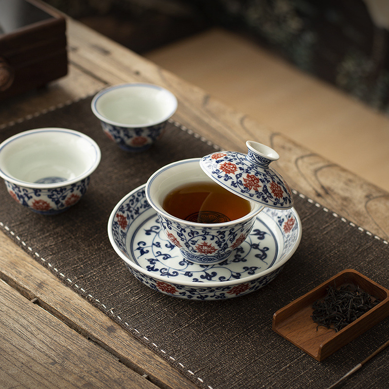 景德镇三才盖碗套装青花永乐缠芝莲泡茶碗陶瓷家用茶碗可悬停礼盒|undefined