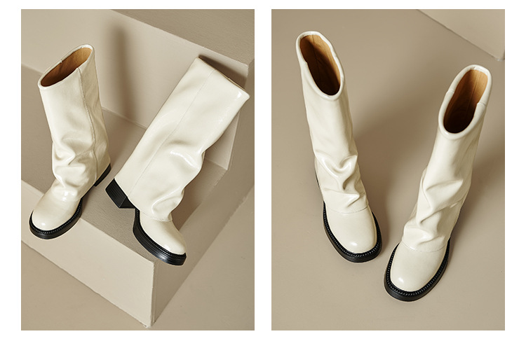 Boot nữ da thật cổ cao gót chunky đế xuồng màu trắng, kiểu dáng ôm chân, mùa thu đông — Lớp lót nhung đen, Lớp lót đơn màu trắng nhạt, Lớp lót đơn màu xám, Lớp lót nhung màu xám chi tiết 15