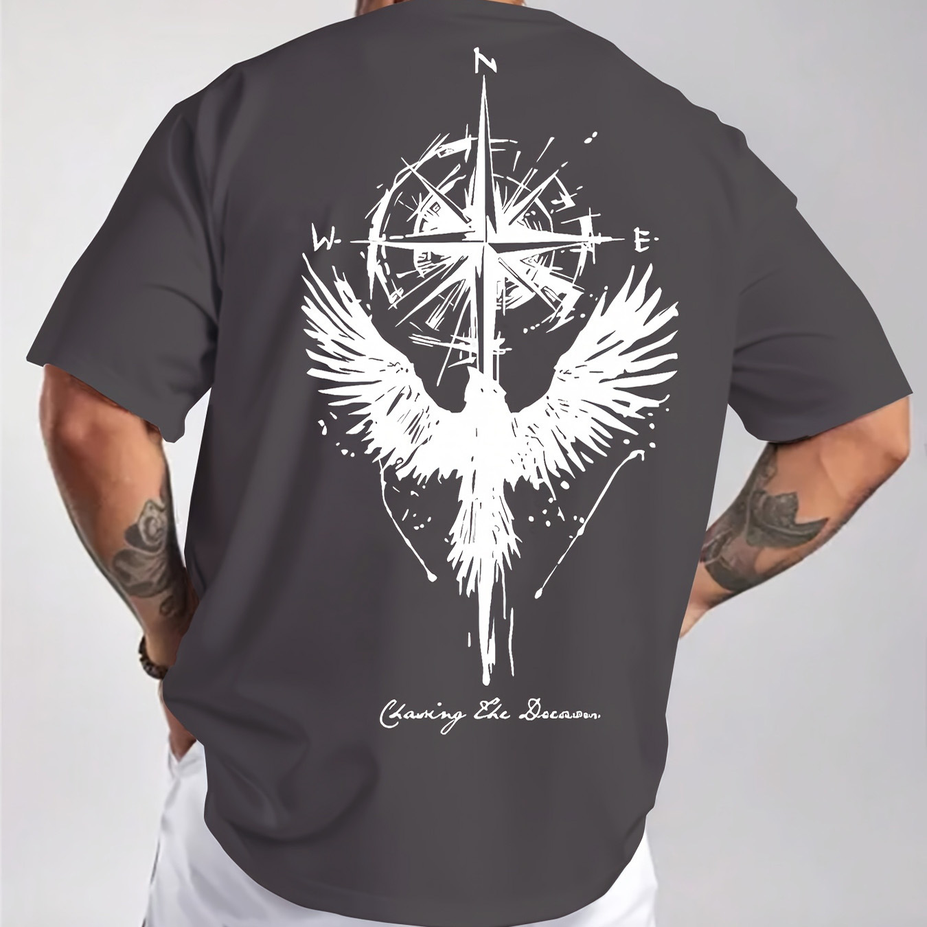 Men's Summer Cotton Crew Neck T-shirt With Compass And Bird Print_voghion.com
