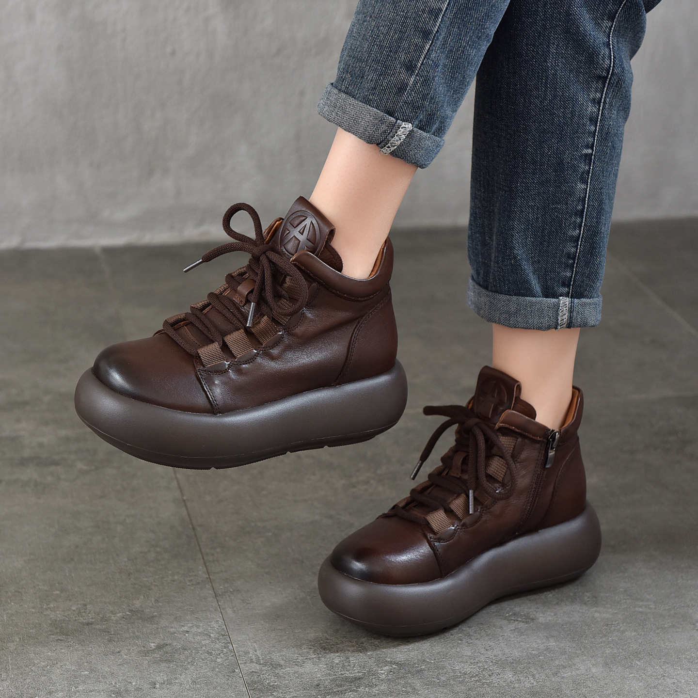 First-Layer Cowhide Thick-Soled Boots for Women with Side Zipper Lace-Up Short Boots 2025 Autumn and Winter New Style Fleece-Lined Warm Cotton Boots for Women