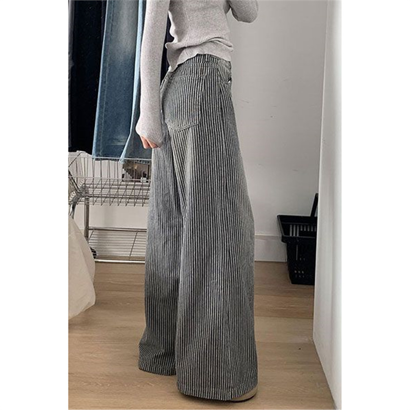复古黑色条纹阔腿加绒牛仔裤女2025秋冬新款宽松直筒拖地休闲裤子
