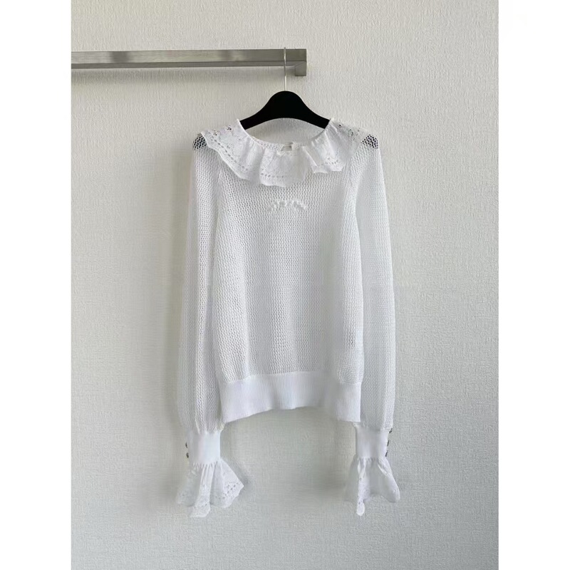 King's Impression Early Spring New Style Chanel Style Hollow Nose Lace Trumpet Sleeve Pullover Knitted Top for Women