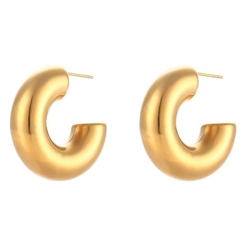 Europeo y americano ins simple titanio acero grueso cilíndrico hueco pendientes mujer de acero inoxidable chapado 18K sólido brillante pendientes de la joyería