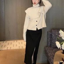 2023韩版宽松两件套纯色设计感洋气高领披肩上衣可拆卸针织开衫女