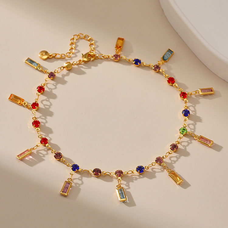 eBay Cross-Border New Retro Gold-Plated Ankle Chain with Colorful Acrylic 18K Gold Long Bar with Diamond Pendant Ankle Chain