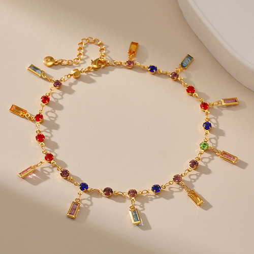 eBay Cross-Border New Retro Gold-Plated Ankle Chain with Colorful Acrylic 18K Gold Long Bar with Diamond Pendant Ankle Chain