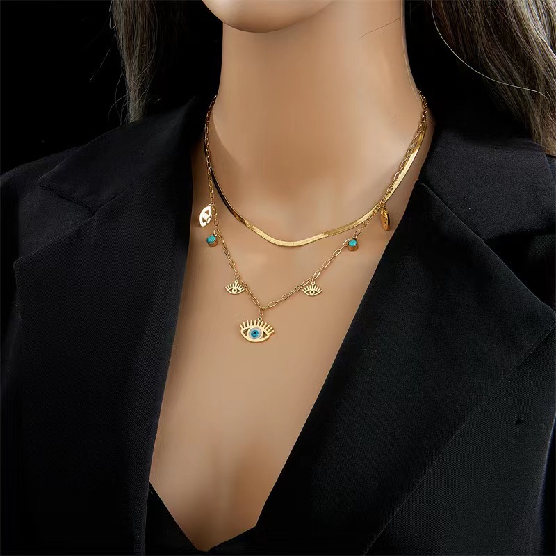 Streetwear Eye Titanium Steel Plating Inlay Turquoise Layered Necklaces display picture 5