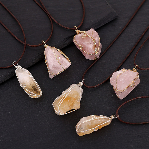 Cross-border natural crystal rough stone pendant irregular wire wound necklace diy jewelry accessories crystal pendant pendant