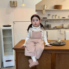 女童背带裤秋冬装新款儿童泡泡袖毛线打底衣女宝宝羊羔毛绒连体裤